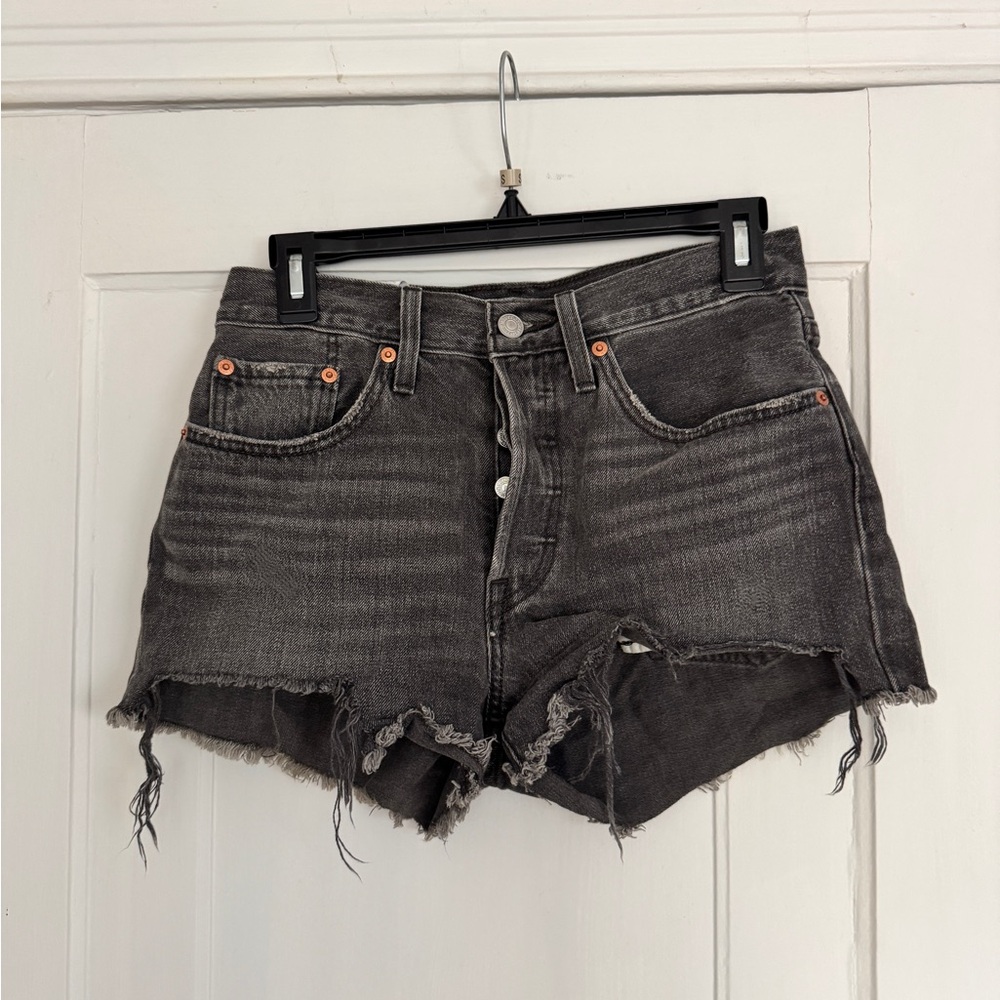 Frayed Hem Black Denim Shorts